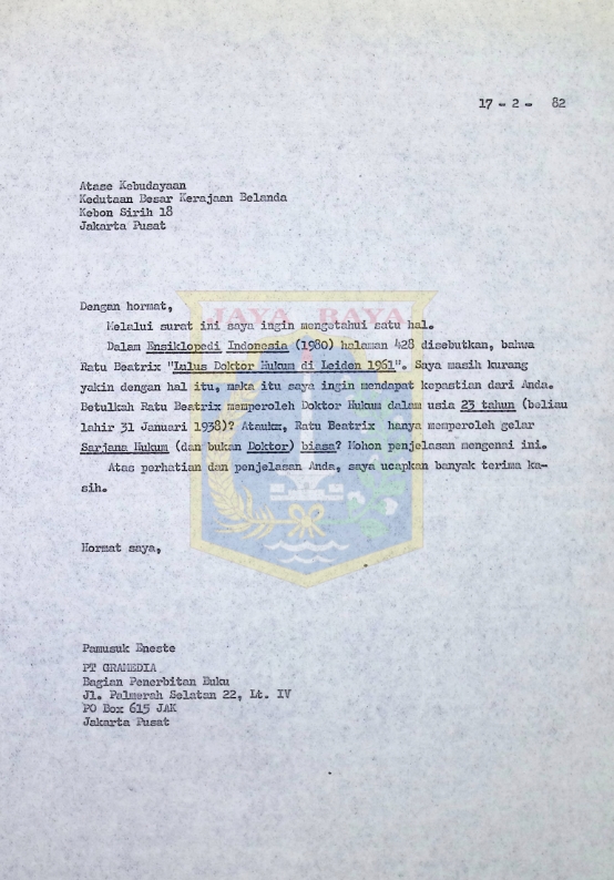 Surat Pamusuk Eneste untuk Atase Kebudayaan Kedutaan Besar Kerajaan Belanda (17 Februari 1982)