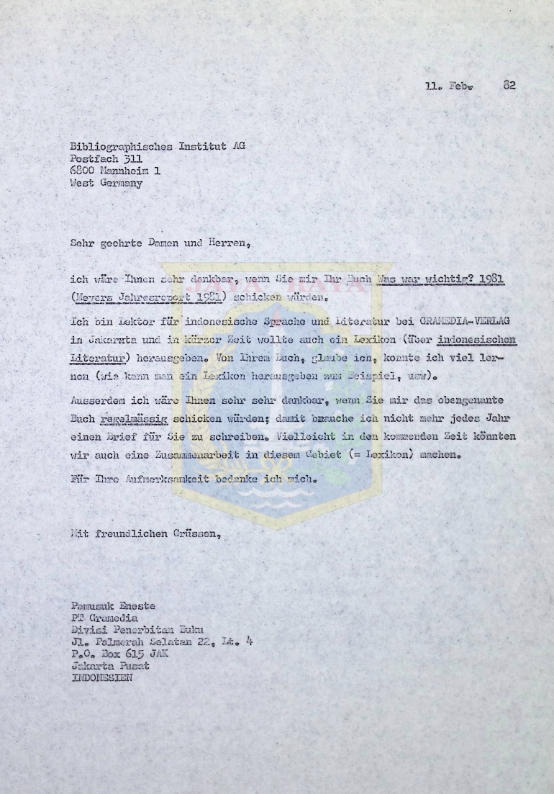 Surat Pamusuk Eneste dalam Bahasa Jerman (11 Februari 1982)