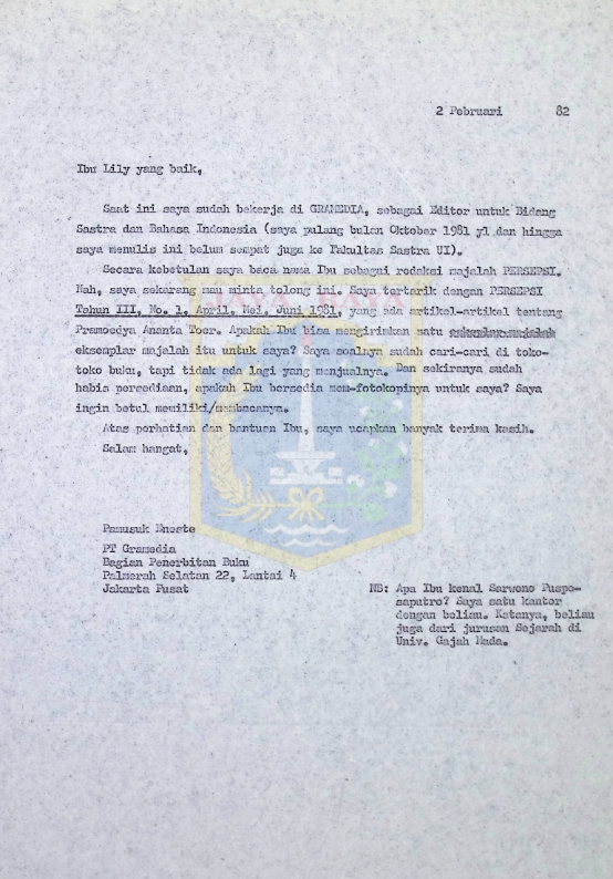Surat Pamusuk Eneste untuk Lily (2 Februari 1982)