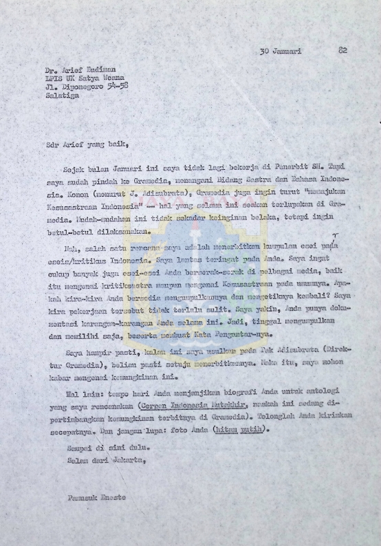 Surat Pamusuk Eneste untuk Arief Budiman (30 Januari 1982)