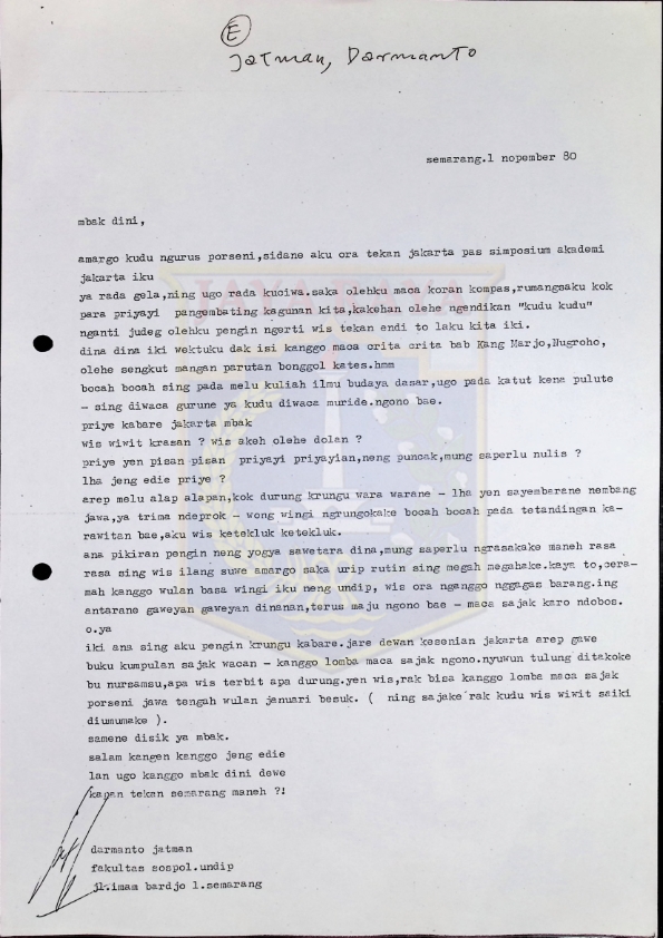 Kumpulan surat dari Darmanto Jatman untuk N.H. Dini