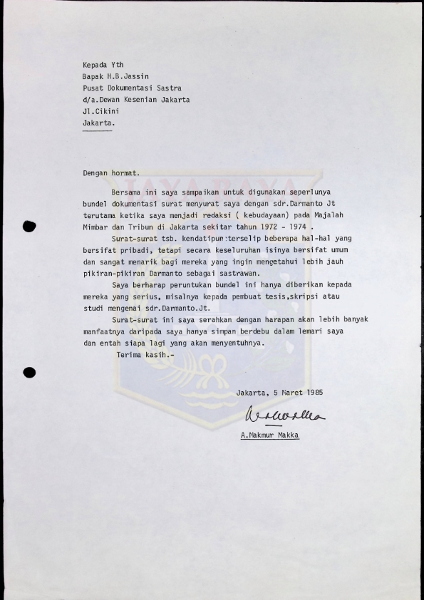 Surat dari Darmanto Jatman untuk A. Makmur Makka (Januari 1976)