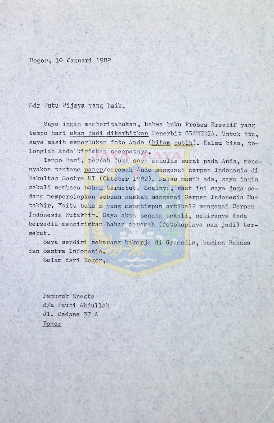 Surat Pamusuk Eneste untuk Putu Wijaya (10 Januari 1982)