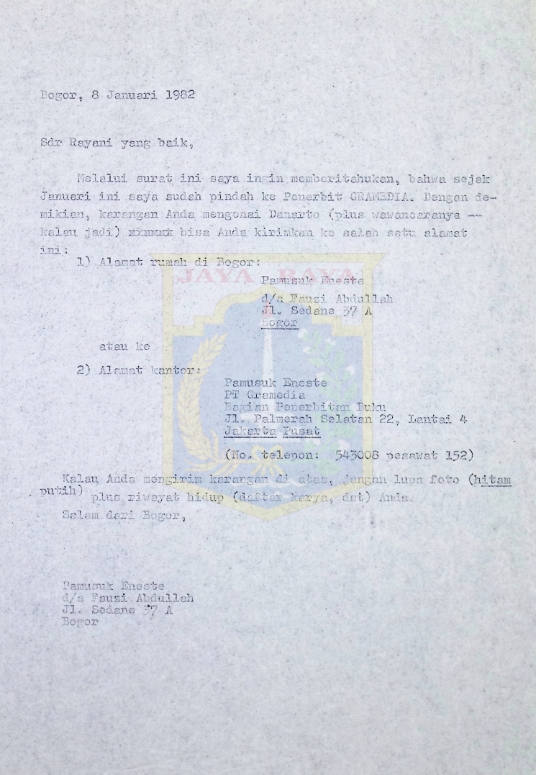 Surat-surat Pamusuk Eneste untuk Rayani Sriwidodo (8 Januari & 21 Juni 1982)