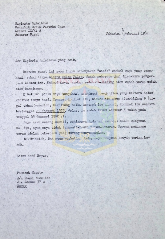 Surat Pamusuk Eneste untuk Sugiarta Sriwibawa (14 Februari 1982)