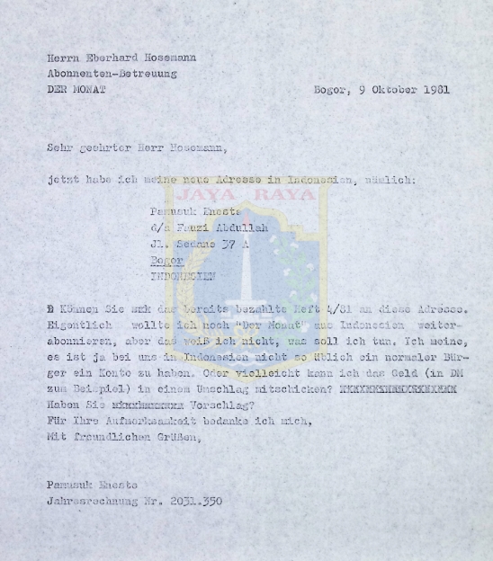 Surat Pamusuk Eneste untuk Eberhard Hosemann (9 Oktober 1981)