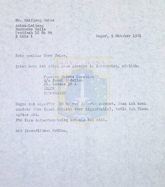 Surat Pamusuk Eneste untuk Wolfgang Weise (9 Oktober 1981)