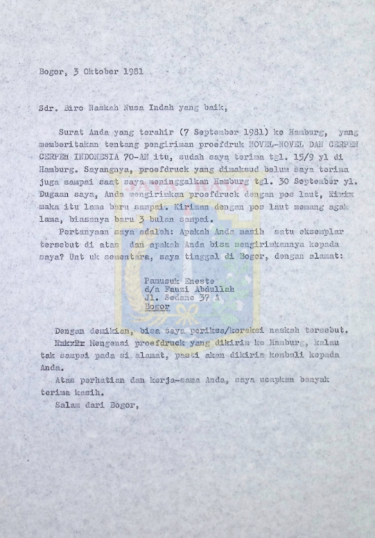 Surat Pamusuk Eneste untuk Biro Naskah Nusa Indah (3 Oktober 1981)