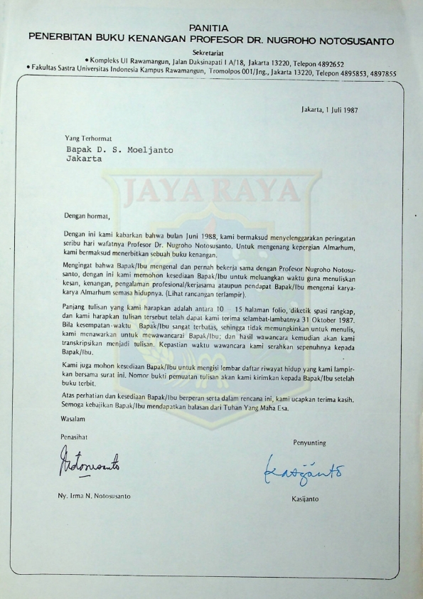 Surat dari Panitia Penerbitan Buku Kenangan Prof. Dr. Nugroho Notosusanto kepada D.S. Moeljanto