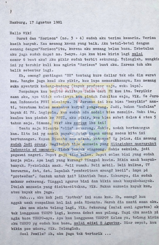 Surat Pamusuk Eneste untuk Wik (17 Agustus 1981)