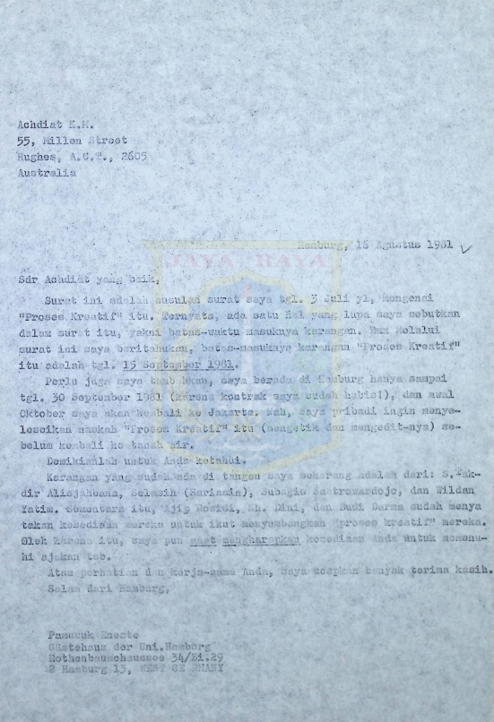 Surat Pamusuk Eneste untuk Achdiat K.M. (16 Agustus 1981)