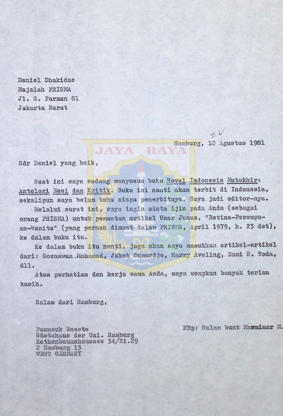 Surat Pamusuk Eneste untuk Daniel Dhakidae (10 Agustus 1981)