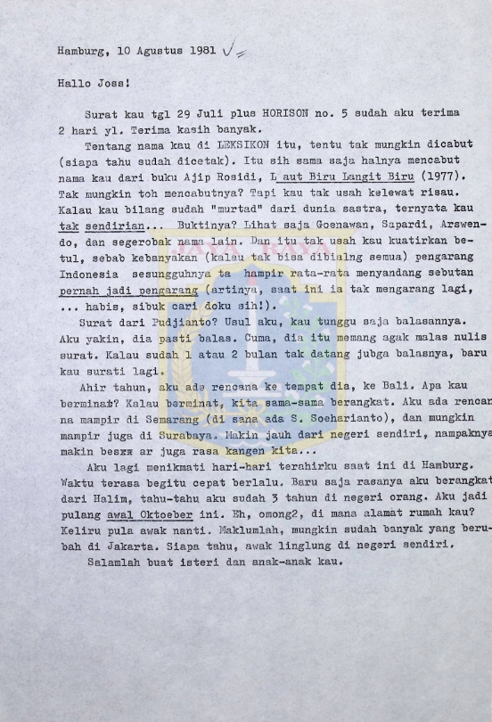 Surat Pamusuk Eneste untuk Joss (10 Agustus 1981)