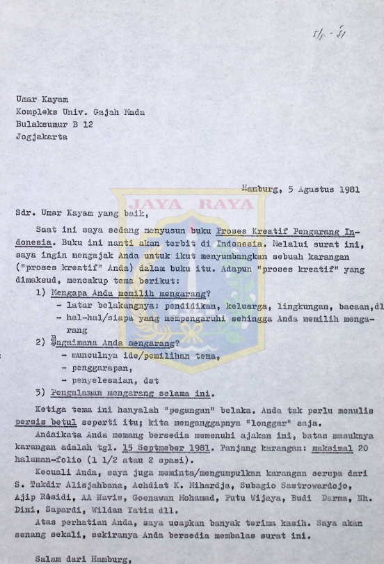 Surat Pamusuk Eneste untuk Umar Kayam (5 Agustus 1981)