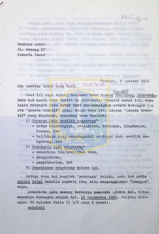 Surat Pamusuk Eneste untuk Mochtar Lubis (3 Agustus 1981)