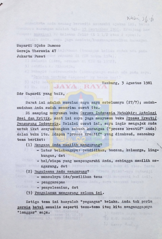 Surat Pamusuk Eneste untuk Sapardi Djoko Damono (3 Agustus 1981)