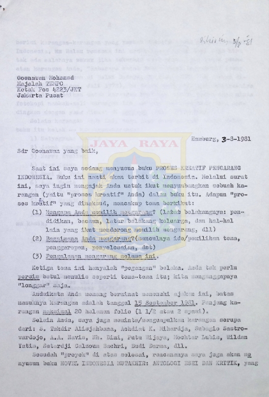 Surat Pamusuk Eneste untuk Goenawan Mohamad (3 Agustus 1981)