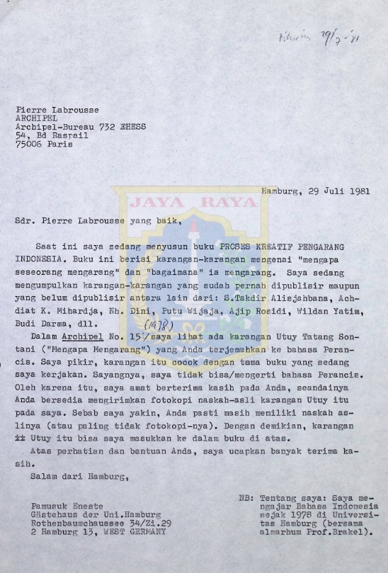 Surat Pamusuk Eneste untuk Pierre Labrousse (29 Juli 1981)