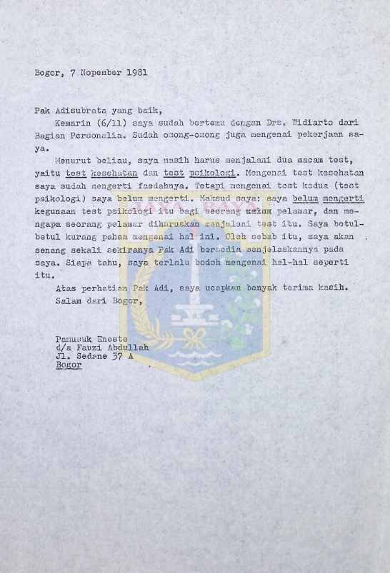 Surat Pamusuk Eneste untuk Adisubrata (7 November 1981)