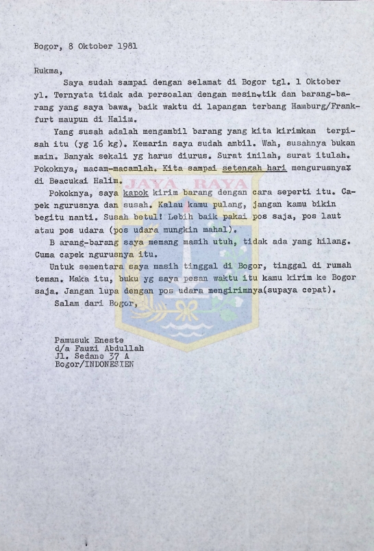 Surat Pamusuk Eneste untuk Rukma (8 Oktober 1981)