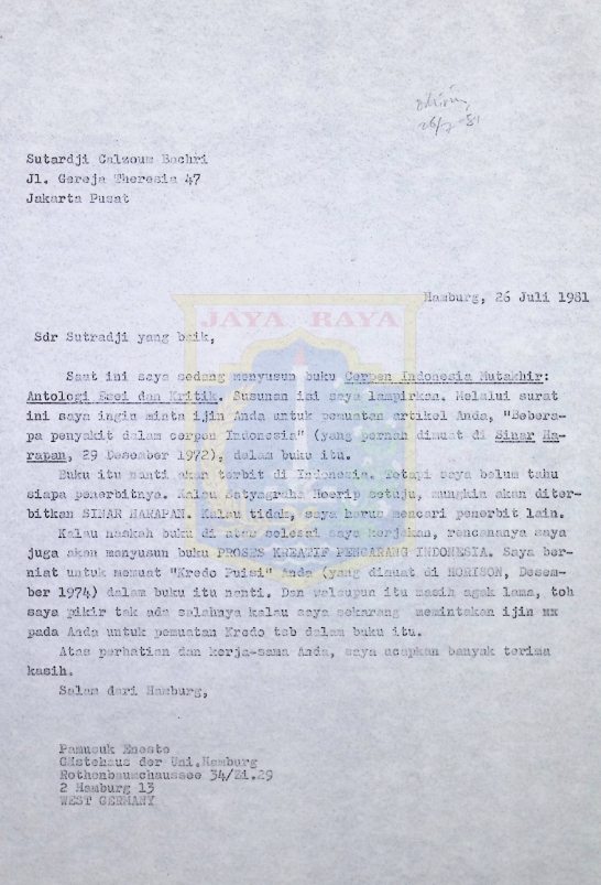 Surat Pamusuk Eneste untuk Sutardji Calzoum Bachri (26 Juli 1981)