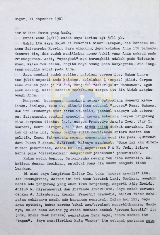 Surat Pamusuk Eneste untuk Wildan Yatim (11 November 1981)