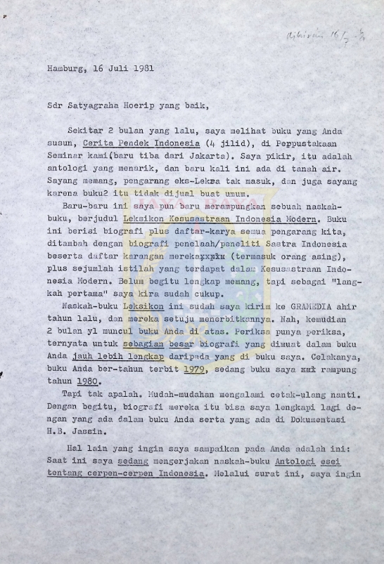 Surat-surat Pamusuk Eneste untuk Satyagraha Hoerip (16 Juli & 12 Agustus 1981)