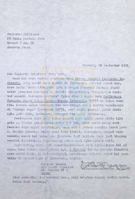 Surat-surat Pamusuk Eneste untuk Sugiarta Sriwibawa (20 September & 2 November 1981)