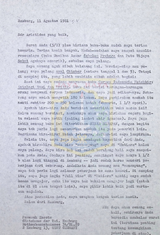 Surat-surat Pamusuk Eneste untuk Aristides (11 Agustus & 24 September 1981)