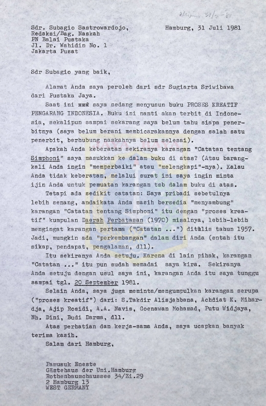 Surat-surat Pamusuk Eneste untuk Subagio Sastrowardojo (31 Juli & 15 Agustus 1981)