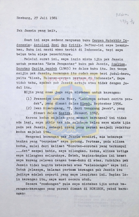 Surat-surat Pamusuk Eneste untuk HB Jassin (27 Juli & 10 Agustus 1981)