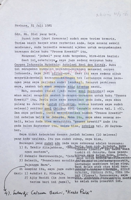 Kumpulan surat Pamusuk Eneste untuk Nh. Dini tahun 1981