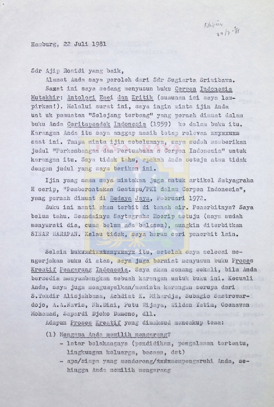 Kumpulan surat Pamusuk Eneste untuk Ajip Rosidi tahun 1981