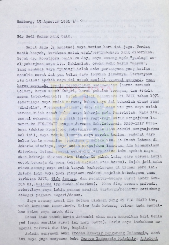 Kumpulan surat Pamusuk Eneste untuk Budi Darma tahun 1981