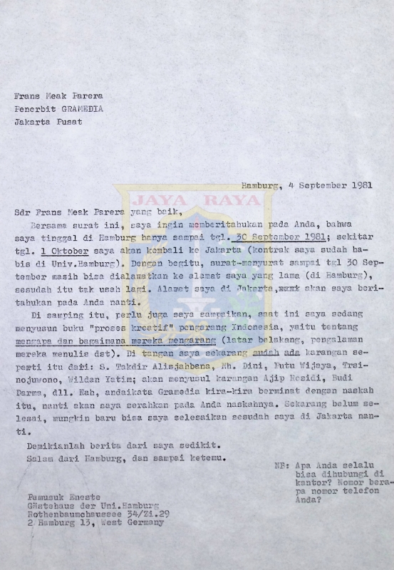Kumpulan surat Pamusuk Eneste untuk Frans Meak Parera tahun 1981
