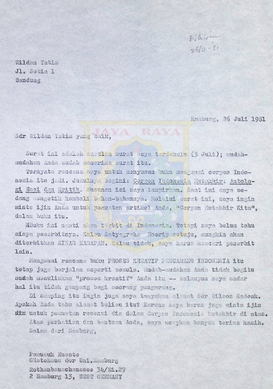 Kumpulan surat Pamusuk Eneste untuk Wildan Yatim tahun 1981