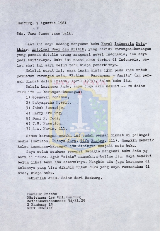 Kumpulan surat Pamusuk Eneste untuk Umar Junus tahun 1981