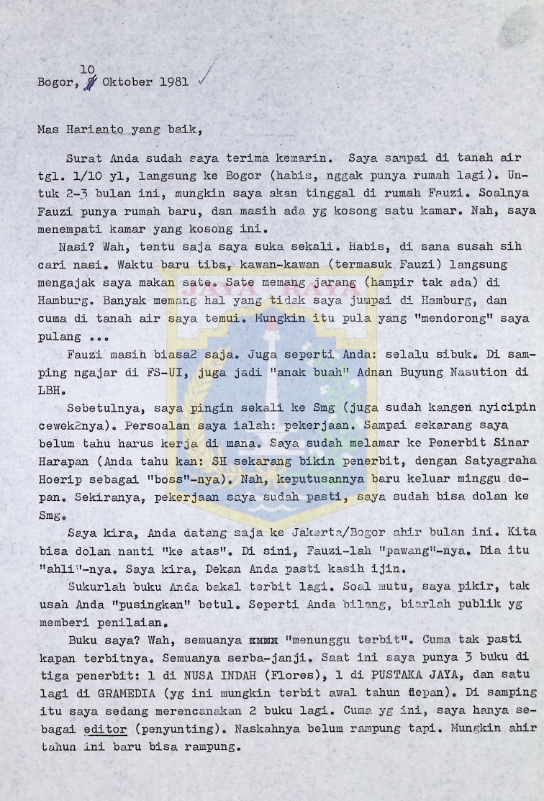 Surat-surat Pamusuk Eneste untuk Harianto (10 Oktober & 12 Desember 1981)