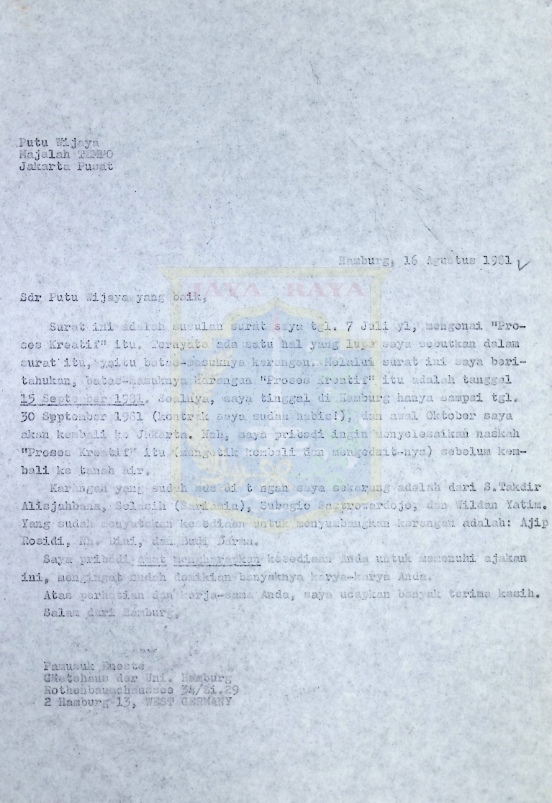 Kumpulan surat Pamusuk Eneste untuk Putu Wijaya tahun 1981