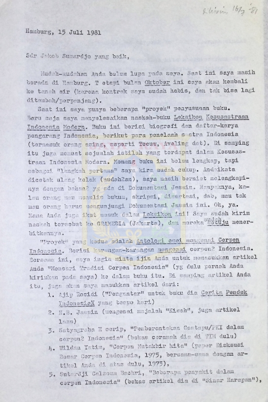 Kumpulan surat Pamusuk Eneste untuk Jakob Sumardjo tahun 1981