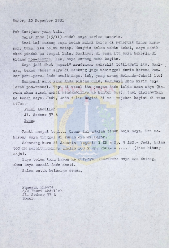 Surat-surat Pamusuk Eneste untuk Kuntjoro (24 September & 20 November 1981)