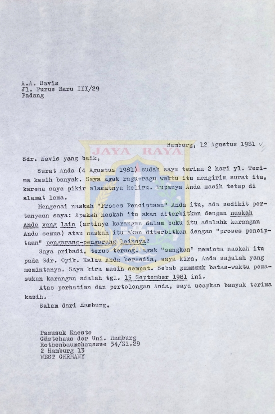 Kumpulan surat Pamusuk Eneste untuk A.A. Navis tahun 1981