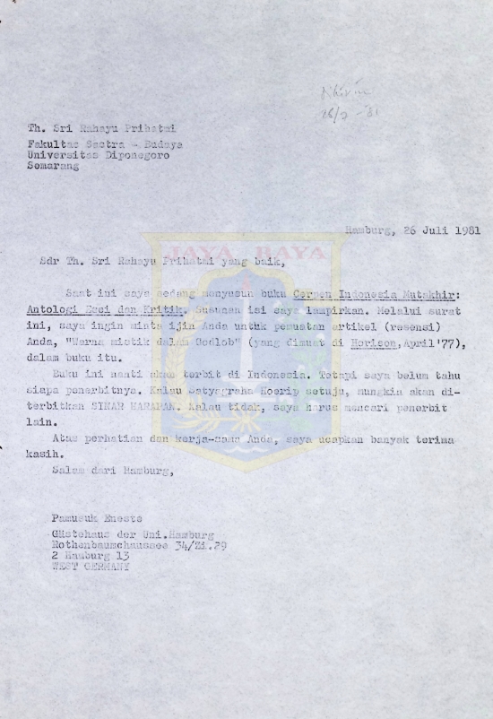 Surat-surat Pamusuk Eneste untuk Th. Sri Rahayu Prihatmi (26 Juli & 29 Desember 1981)