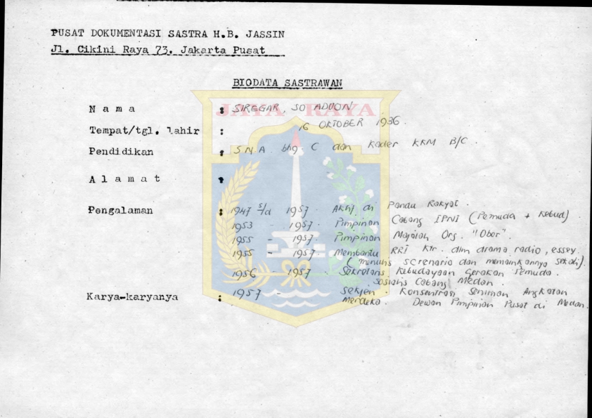 Biodata sastrawan - So Aduon Siregar