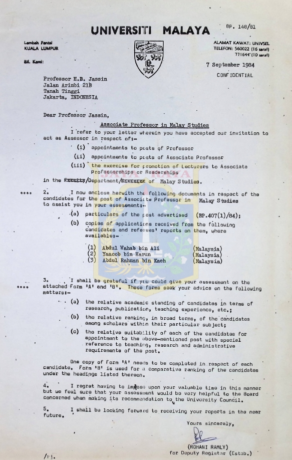 Surat menyurat HB Jassin dengan Universiti Malaya tahun 1984