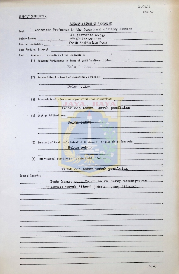 Assesor's report on a candidate Encik Hashim bin Musa 1982/1983
