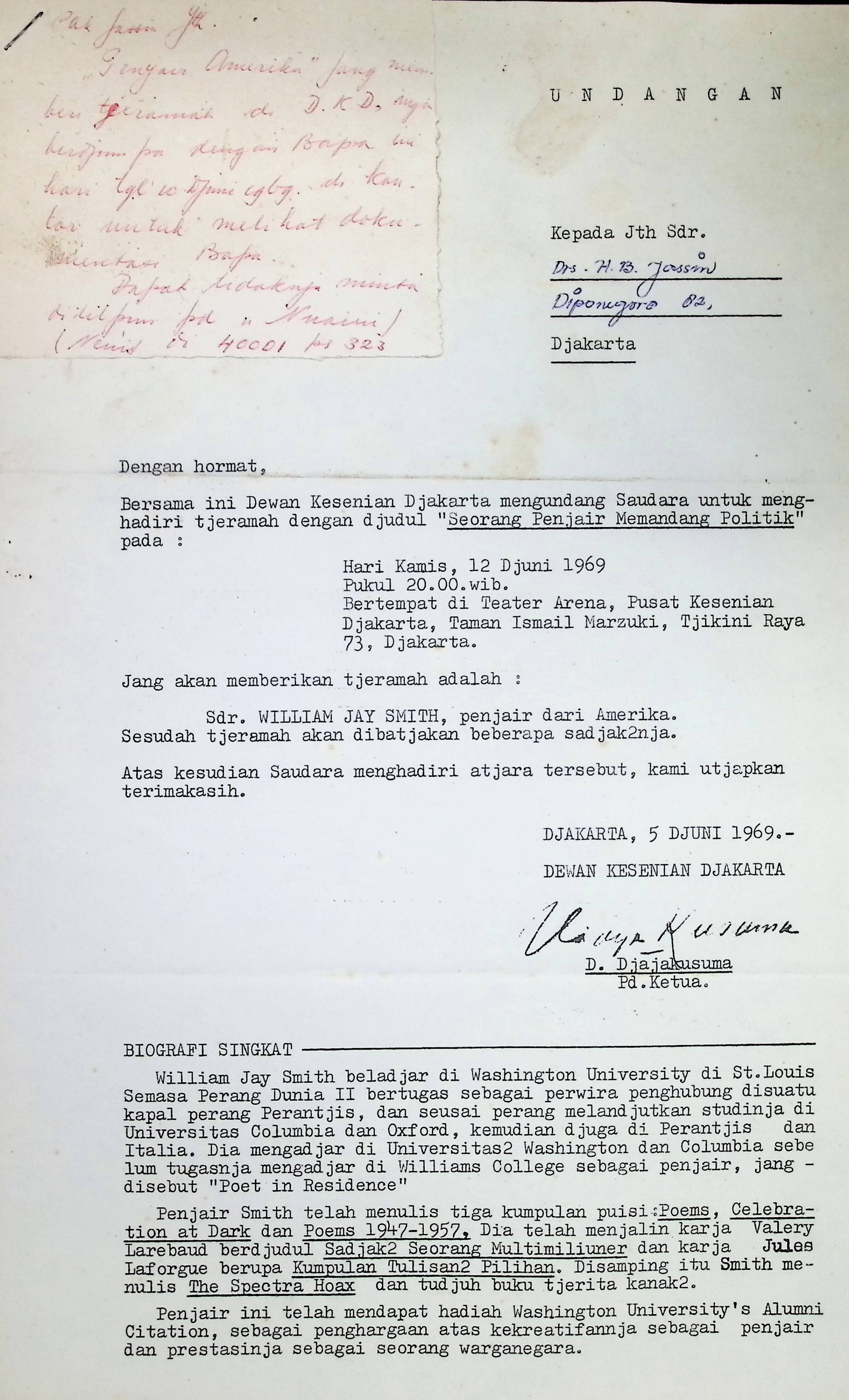 Surat menyurat dari Djajakusuma kepada H.B Jassin : Seorang penyair memandang politik