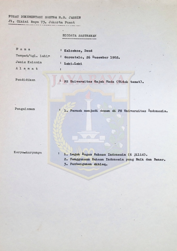 Biodata sastrawan - Daud Kaloekoe
