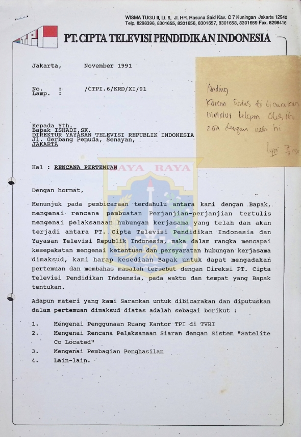 Surat untuk TVRI dari TPI (November 1991)