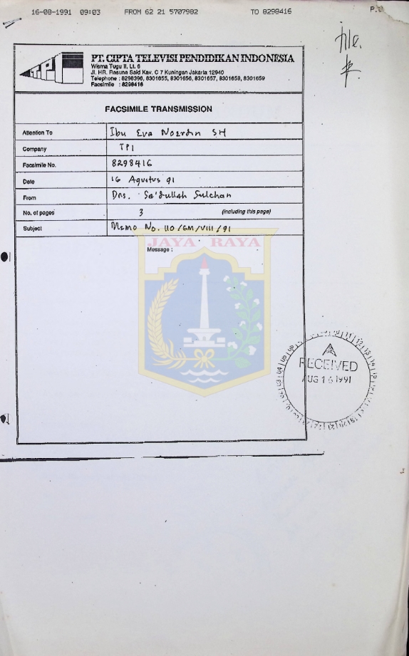 Surat menyurat Sa'dullah Sulchan (TPI) pada 15 Agustus 1991